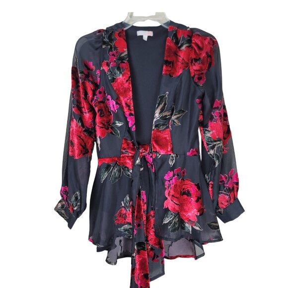 Gianni Bini Floral Sheer Velvet Blouse Open Front Tie - Picture 1 of 8